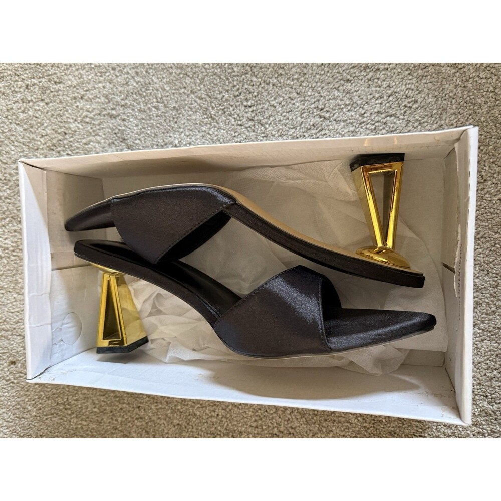 Women's Slip on Sandals Gold Heel Black Satin  Finish European Size 40